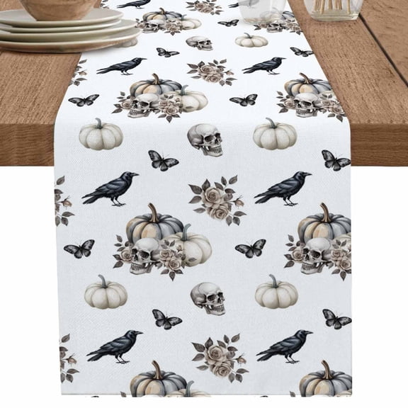 nqOlkjepod Halloween Table Runner 36 Inches Long Farmhouse Dress Scarves, Pumpkin Skull Floral Botanical Dining Tablerunner for Coffee Table/Kitchen Island/Party Décor, Small 13" x 36"