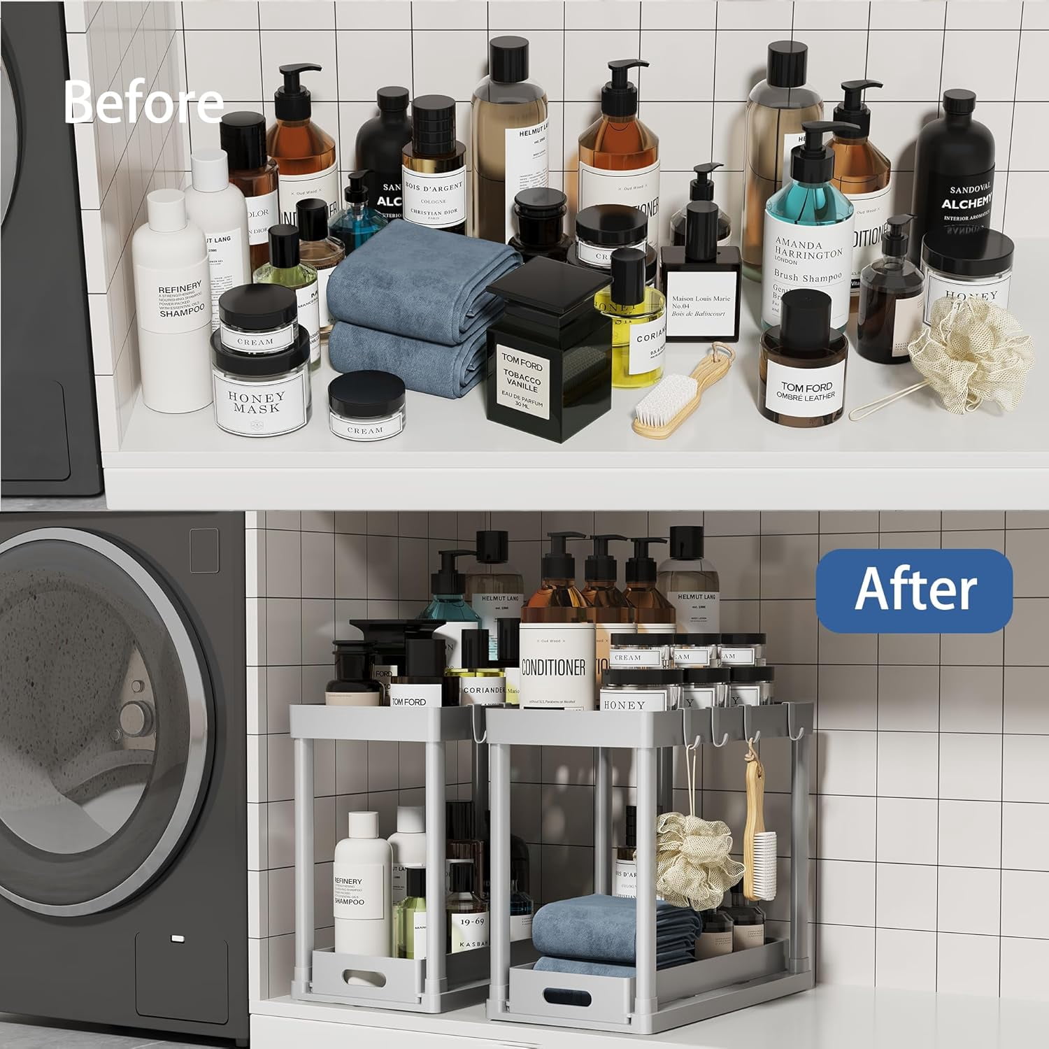 2PC Under Sink Organizer Rack 2 Tier Sliding Cabinet Basket with 4 Hooks - Multi-Purpose Storage for Kitchen Bathroom Desktop