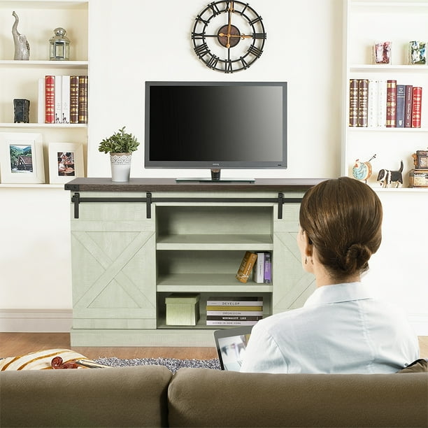 53 Entertainment Center Living Room Tv Stand With Barn Door And Storage Shelves Media Console Table Tv Cabinet Tv Stands For Flat Screens Apartment Office Home Corner Tv Stand Off White W9260