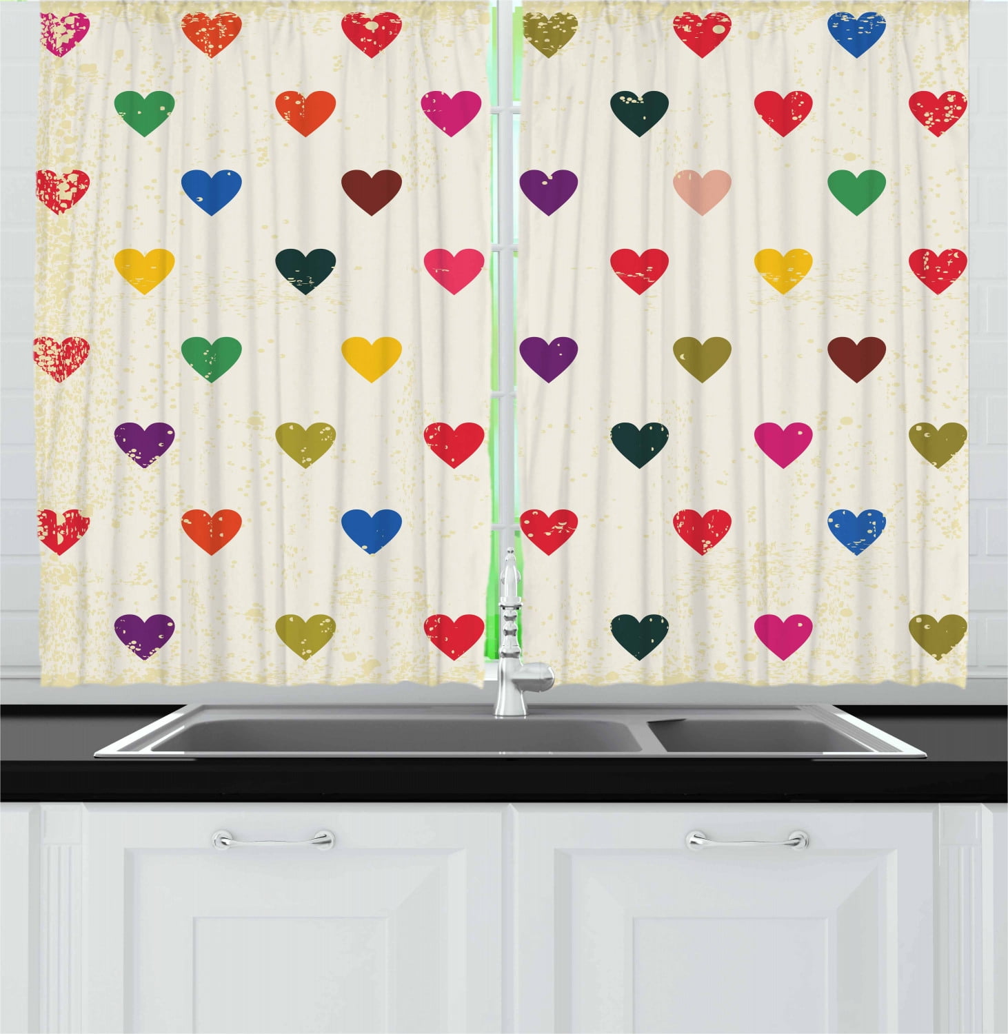 Colorful Curtains 2 Panels Set, Vintage Tile of Hearts with Distressed Grungy Look Valentine`s