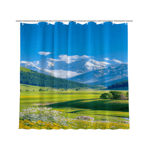 Bright Alpine Snow Mountain Wildflower Waterproof Polyester Shower Curtain 72 x 72 Inch