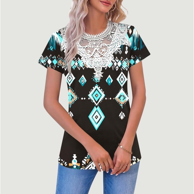 TaTaai Sheer Detail Floral Print Pullover Blouse, Women‘s V Neck Short Sleeve Casual Top, Lightweight Relaxed Fit Spring Shirt for Everyday Wardrobe Gift