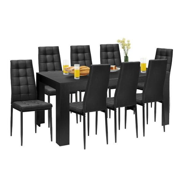 Gymax Ensemble de Salle à Manger 9 Pcs Table en Bois et 8 Chaises en Tissu Maison Cuisine Moderne