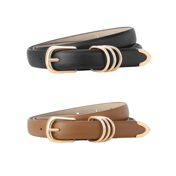 KALUNMA 2 Pack Women Leather Belt for Jeans Dresses Pants Fashion Skinny Belt Waist Belt for Ladies with Gold Buckle