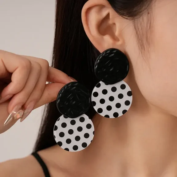 Retro Black & White Polka Dot Geometric Earrings for Women - Lightweight Summer Vacation Jewelry, Minimalist Chic Design for Casual & Formal Occasions, Novelty Earrings