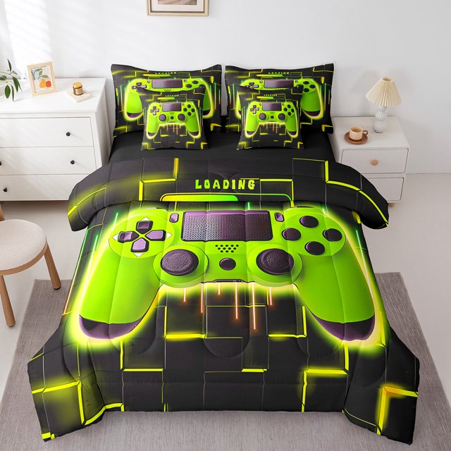 YST Yellow Gaming 7-Piece Comforter Set, King Size – Neon Lights Abstract Geometry Sheet Set for Gamer Room Decor