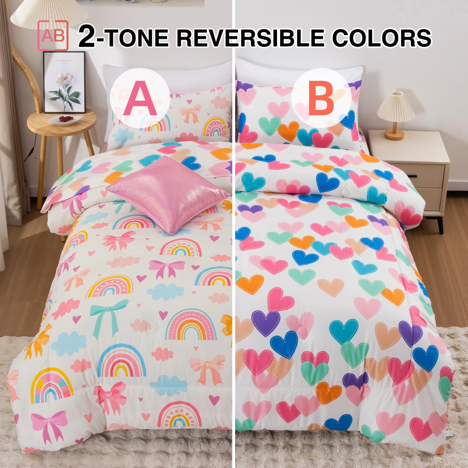 Btargot 6-piece Bows Rainbow Full Comforter Set for Girls Kids Cute Bowknot Bedding Set Bed-in-a-Bag