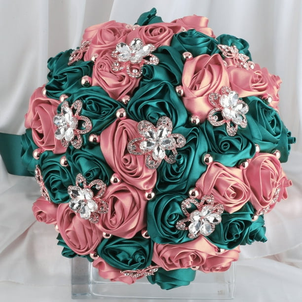 Nvzi Ramo de novia para boda, dama de honor, rosa de satén, perlas artificiales, cintas de satén, ramo de flores para boda, verde y rosa