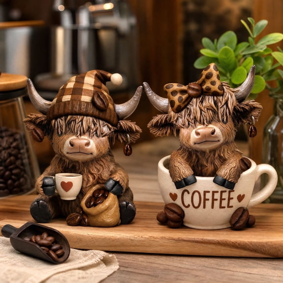 2 Pack Coffee Highland Cow Figurines, Rustic Farmhouse Resin Home Decor Cute Highland Cow Ornaments Add Cozy Charm to Kitchen, Tabletop or Home Decor, Gifts for Coffee Lovers and Retired Loved Ones