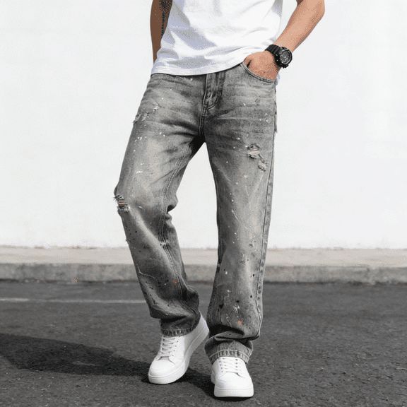 Men's 100% Cotton Non-Stretch Jeans - Paint Splatter & Distressed Gray Wash Straight Leg Denim Pants, Streetwear Casual Trousers for Daily Wear