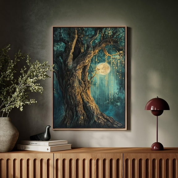 Enchanted Moonlit Tree Art – Mystical Forest Wall Decor – Golden Glow Night Scene With Dreamy Ethereal Aesthetic Wall Art, Modern Wall Decor, 8x12 UNFRAMED