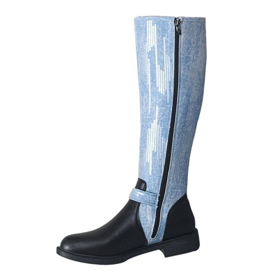 Xfvqtps Knee High Boots for Women Faux Denim Side Zipper Buckle Strap Block Low Heel Tall Boots