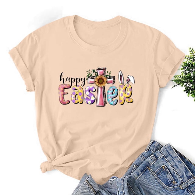 EGNMCR Easter Easter Chemises pour Femmes Chemises Imprimé T-shirt à Manches Courtes Imprimé de Mode pour Femmes T-shirt à Manches Courtes à Col Rond Imprimé Easter T-shirt pour Femmes