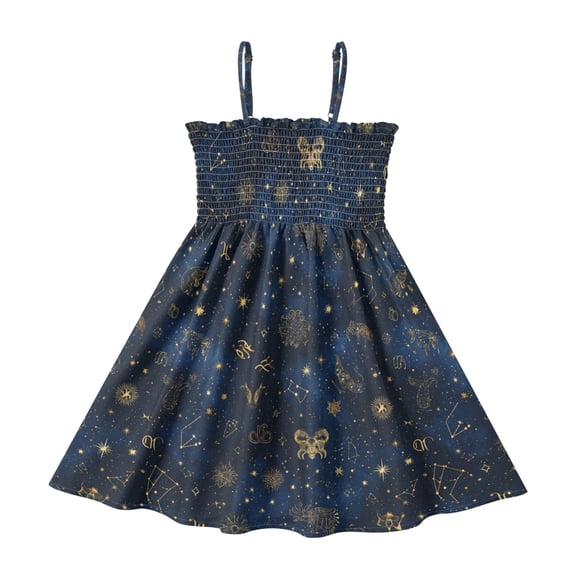 Little Girls Sleeveless Sundress Pleated Ruffle Trim Smocked Top Casual Spaghetti Strap Summer Dress Twinkling Stars and Constellations 2Y