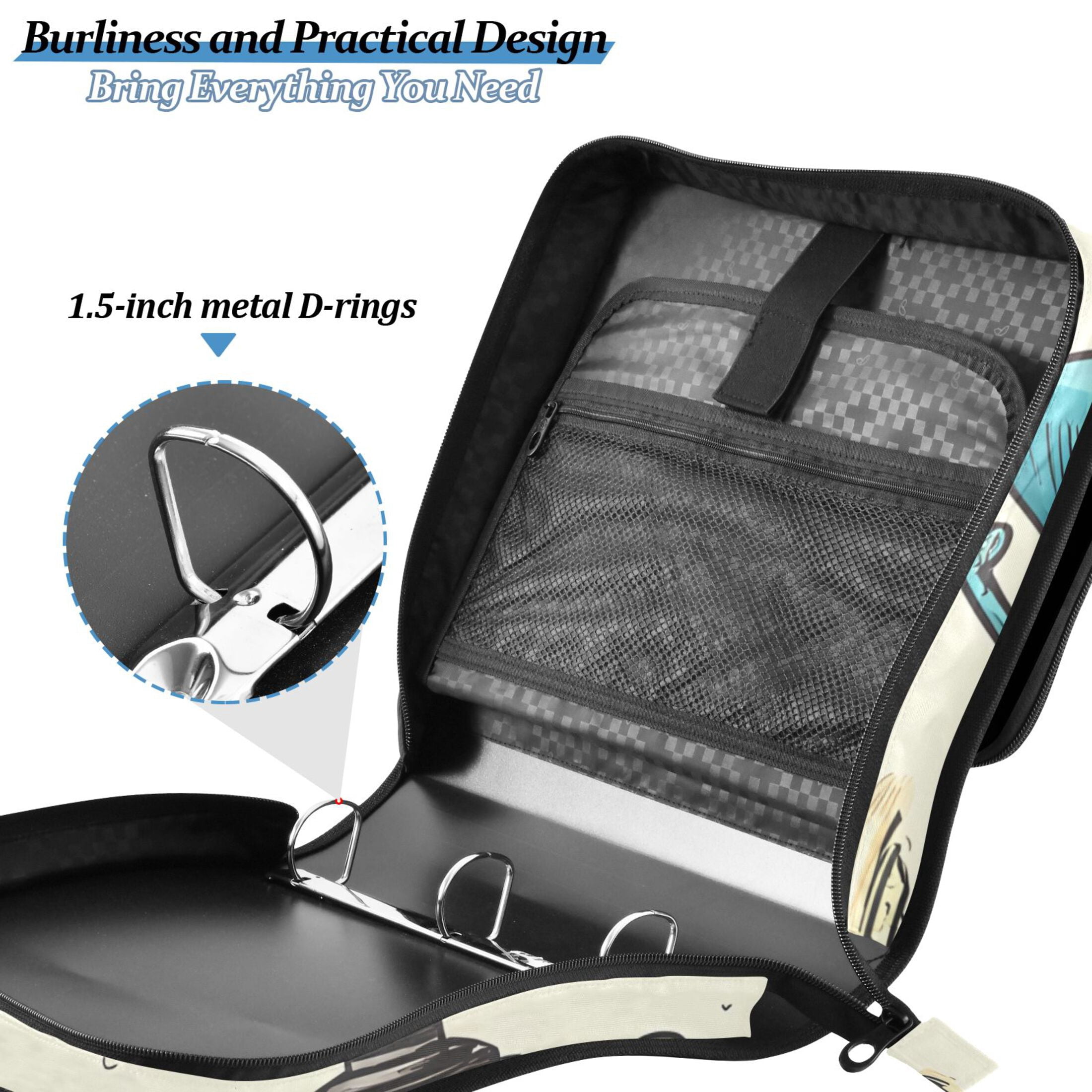 3 Ring Zipper Binder with Shoulder Strap Waterproof Trapper Keeper 2 Inch D-Ring 500 Sheets Capacity Cartoon Trophies