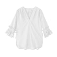 thumbnail image 3 of Camisa a rayas Blusa con cuello en V de verano Mujer Top casual con manga trompeta, Blanco, L Noticed AP001548-02B, 3 of 7