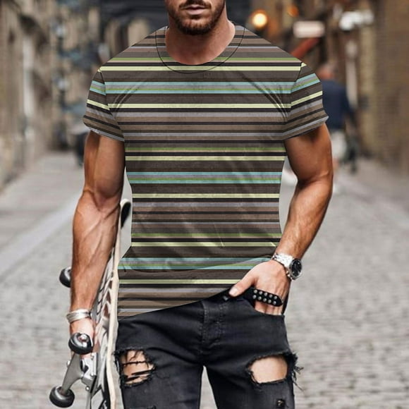 Tops para hombre, blusas y camisas de manga corta con cuello redondo para hombre, blusas de manga corta con cuello redondo y estampado de rayas para hombre, blusa para hombre