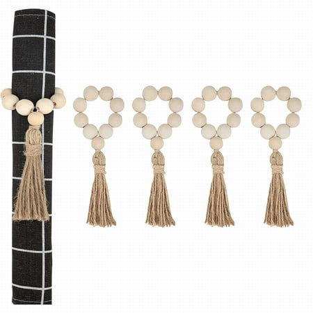 

NIUREDLTD Idyllic Wood Bead Tassel Napkin Ring Elastic Napkin Buckle Adjustable Hand Woven Rope Napkin Ring