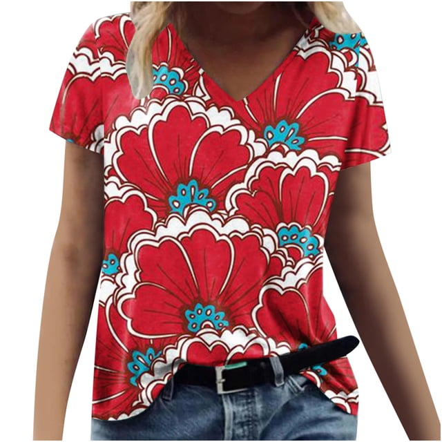 Camiseta informal para mujer con estampado floral y cuello en V, manga corta, jersey, blusa, tops Fridja zx4012