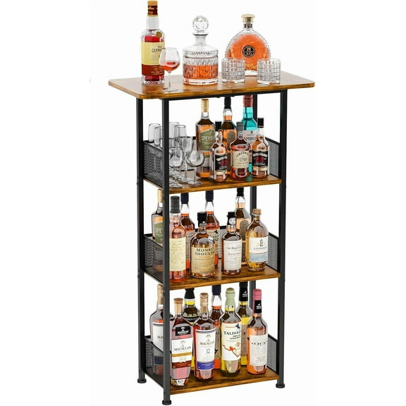 Wine Rack Freestanding Floor:4 Tier Whiskey Wine Rack Mini Bar Cart,Liquor Cabinet-Home Bar for Bottles,Cocktail Shaker,Mugs-(23.6 * 11.8 * 40inch)