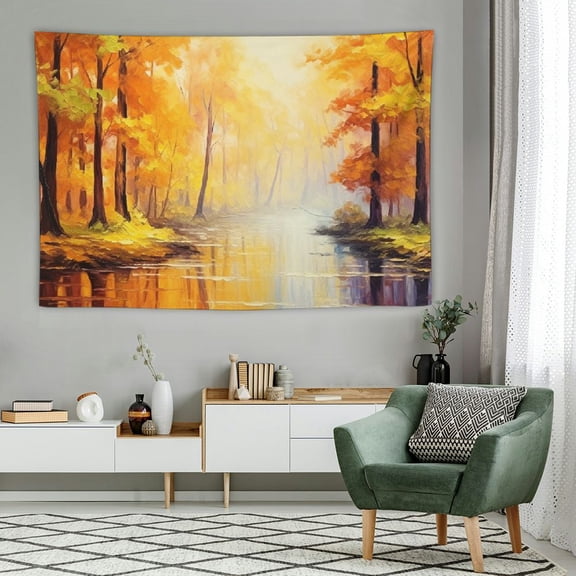 PRATYUS  Country Tapestry, Painting of a Forest by the Lake in Autumn Pale Fall Trees and Leaves Art, Wall Hanging Cover Wall Decor,60x40 Inch, Orange Brown 60x40in