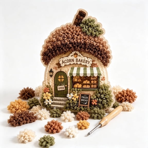 Whimsical Village 3D Fabric Poke Art Kit, Acorn Bakery | Cottage Craft No Sew Press Technique Poke Kit for Beginners, 3D DIY Cottage Fabric Punch Needle Kit Gift for Craft Lovers
