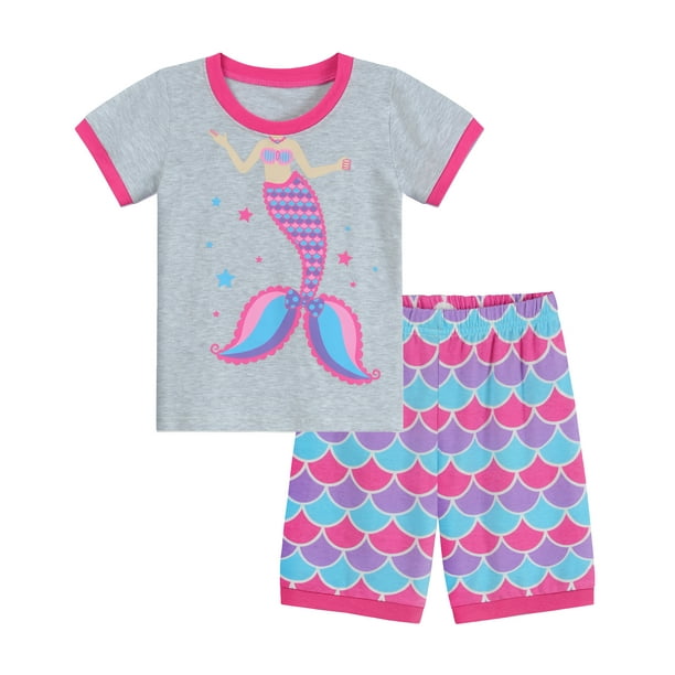 Little hand Toddler Girls Summer Pajama Mermaid Pajamas Cotton Sleepwear Set 7T