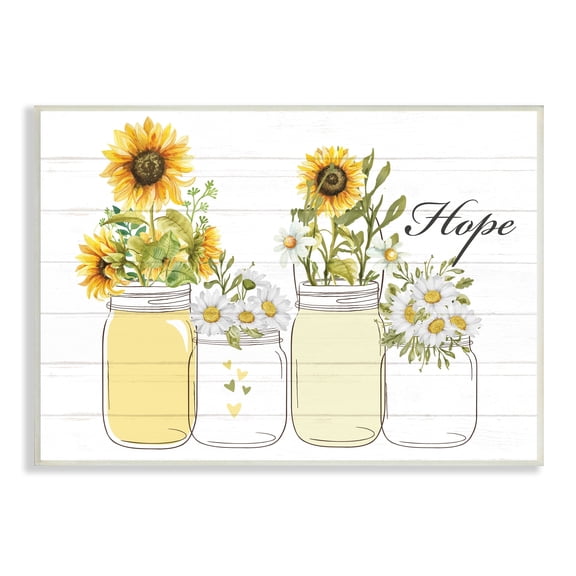 Stupell Industries Hope Script Sunflower Jars Rustic Country Flowers Graphic Art Unframed Art Print Wall Art, Design by Kim Allen