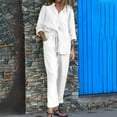 thumbnail image 5 of Dazajoo Women Linen Sets 2 Piece Outfits Long Sleeve Button Down Shirts Match Wide Leg Drawstring Pants Solid Color Lightweight Loungewear,White,XXL, 5 of 8