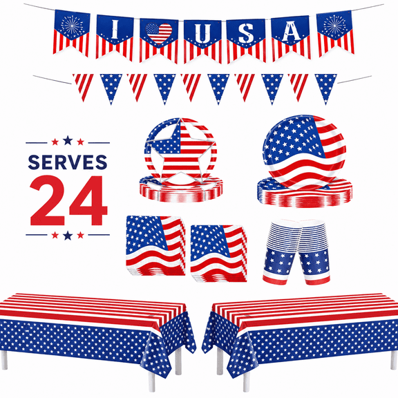 Festive Find Store Patriotic Disposable Paper Party Supplies Set for 24 Guests 100 Pieces Blue, Red , White party supplies