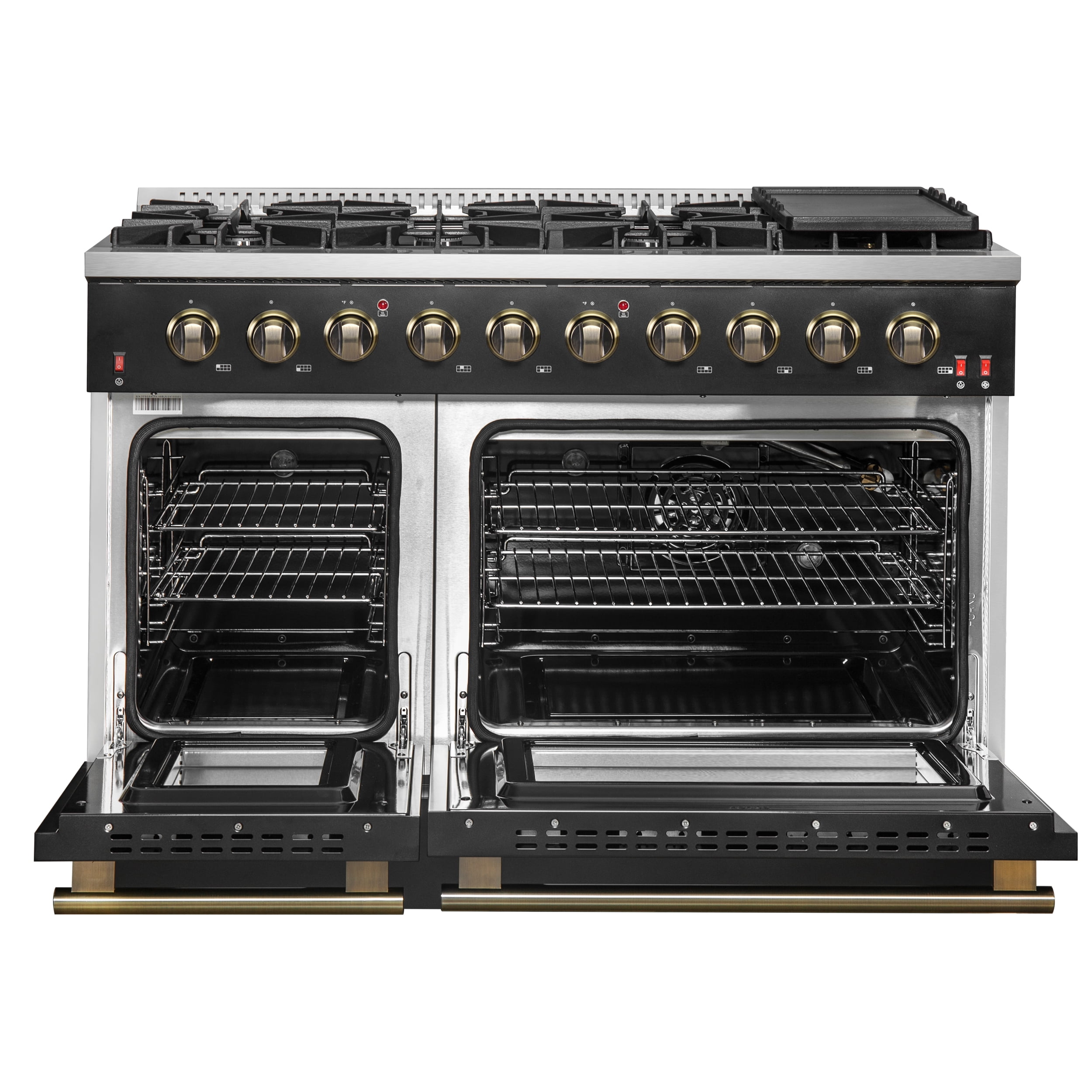 FORNO Galiano 48-inch Gas Range Black  Antique Brass Design, 8 Burners, 107,000 BTU, Griddle, 6.58 cu.ft. Double Ovens
