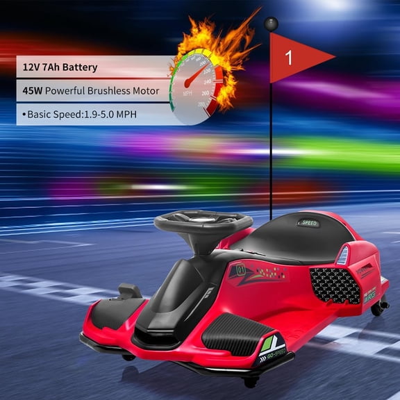 Historyli Powered Ride-Ons, 12V Ride On Drift Car,Electric Go-Kart with 7AH 45W Motor,Variable Speed Up to 5 Mph,Built-in Music,Colorful Tail Led Lights,USB,and Low-Power Alarm,Max Load 110 Lbs,Red