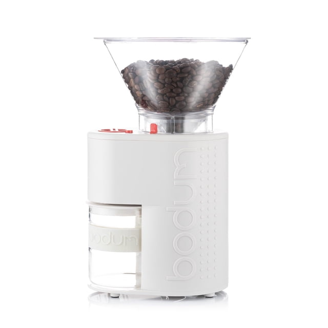 Molino de café eléctrico Bodum Bistro de muelas cónicas, 12 ajustes, blanco