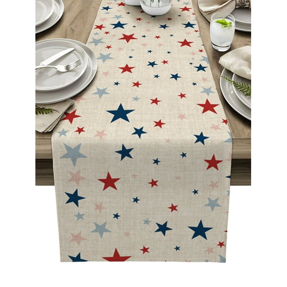 Hokiten Table Runners 48 Inches Long Dress Scarves, Independence Five-pointed Star Shining Farmhouse Kitchen/Dining Table Runner, Short Coffee Tablerunners, Linen Burlap American Flag Day 13x48 Inch