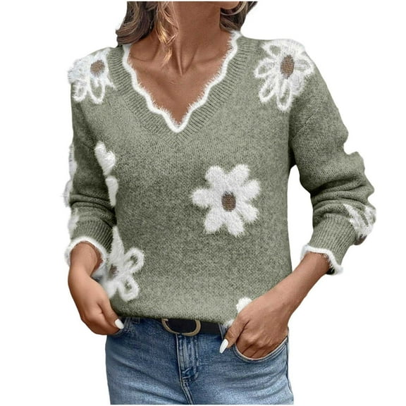 SnZhen Sweater for Women Printing Winter Loose Casual Floral Pattern Button Knit Long Sleeve Knit Sweaters Army Green L