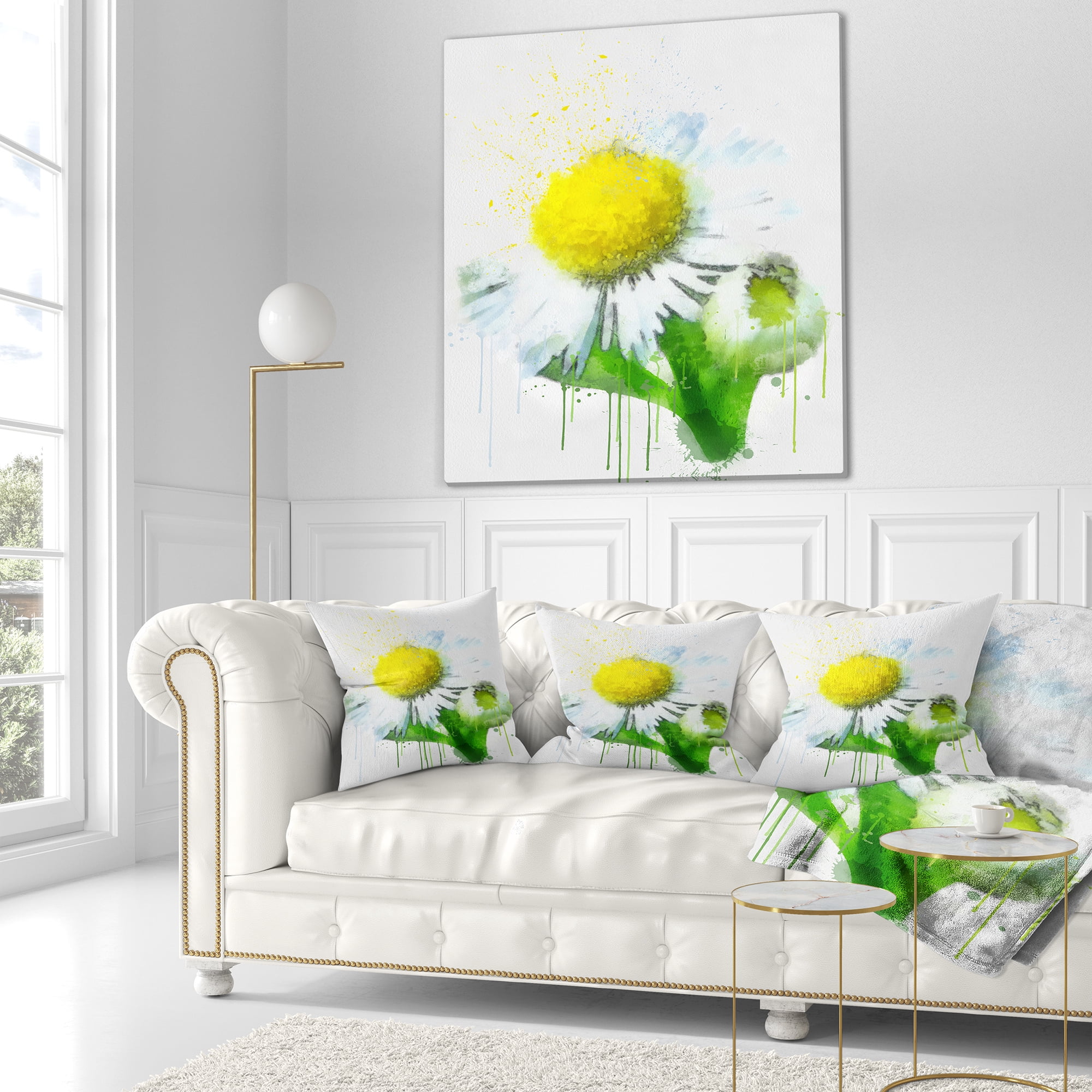 Designart Yellow Chamomile Sketch Watercolor - Floral Throw Pillow - 16x16