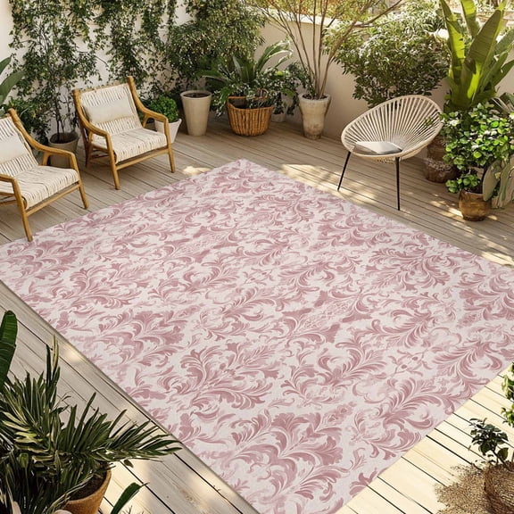 Fsddascl Pink Baroque Outdoor Rug for Patio/Deck/Porch, Non-Slip Large Area Rug 5 x 8 Ft, Farmhouse Scroll Floral Damask Patterned Indoor Outdoor Rugs Washable Area Rugs, Camping Rug Carpet