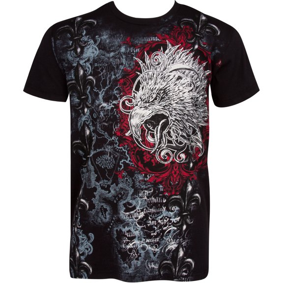 Sakkas Eagle Head and Fleur de Lis Metallic Silver Embossed Cotton Mens T-Shirt - Black - Large