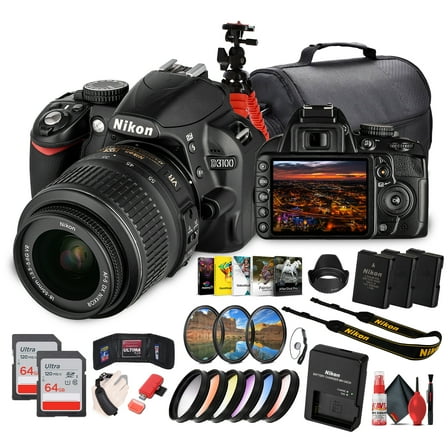 Nikon D3100 DSLR Camera Kit with 18-55mm VR Lens – Beginner-Friendly & Compact (25472)   Photo Software   Camera Bag   2 x 64GB Memory Card   Flexible Tripod   Cleaning Kit   More