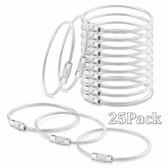 25 Pack Stainless Steel Wire Keychains, 2mm Heavy Duty Coated Cable Key Rings, 6 Inch Silver Hanging Loops for Luggage Tags, Car Keys, ID Tags, and Kitchen Utensils