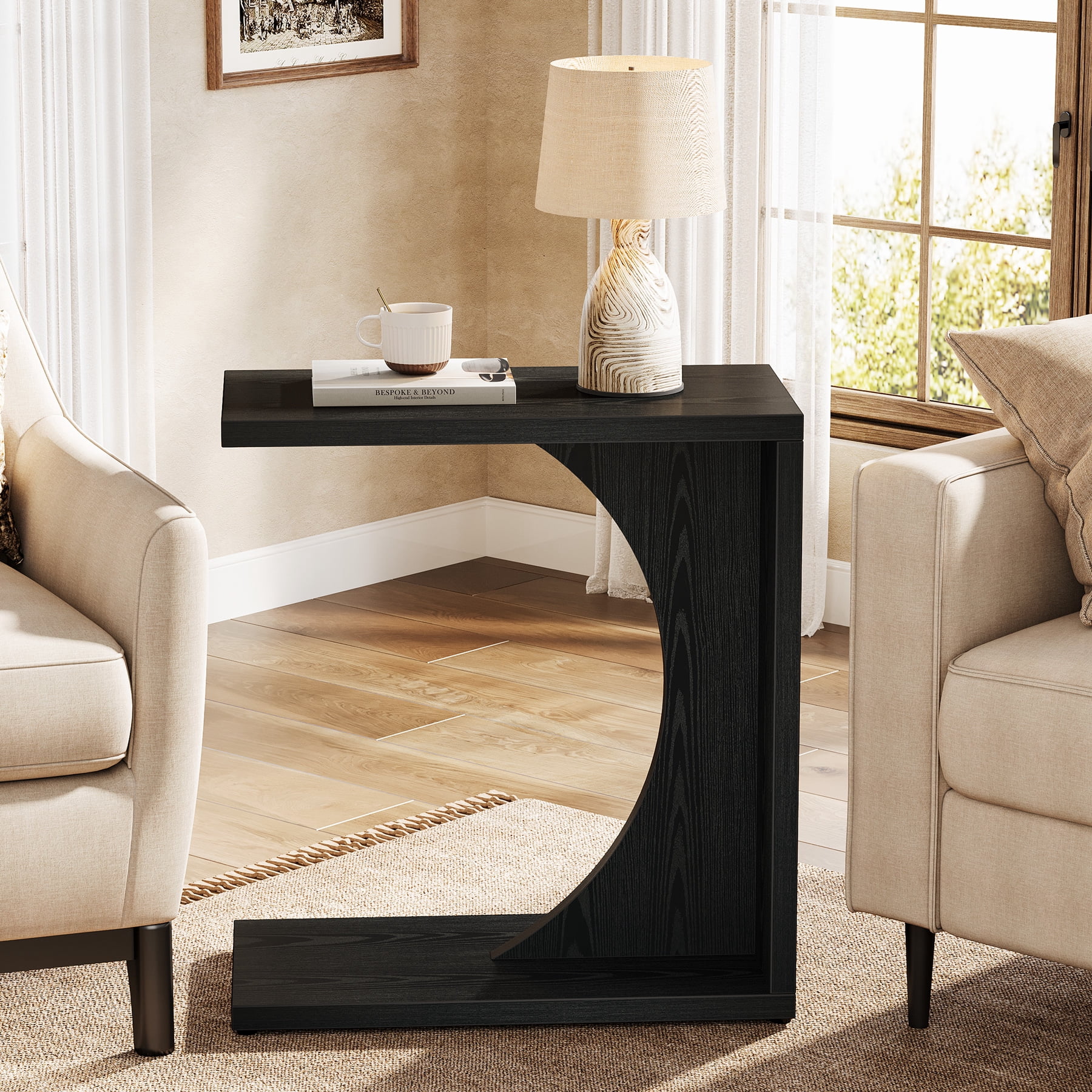 Fnova End Table Farmhouse C-shaped Side Table, Narrow Wooden Sofa Table with Space-Saving Design, Modern Bedside Table, Easy Assembly, Corner Table for Living Room, Bedroom, Nightstand, Black