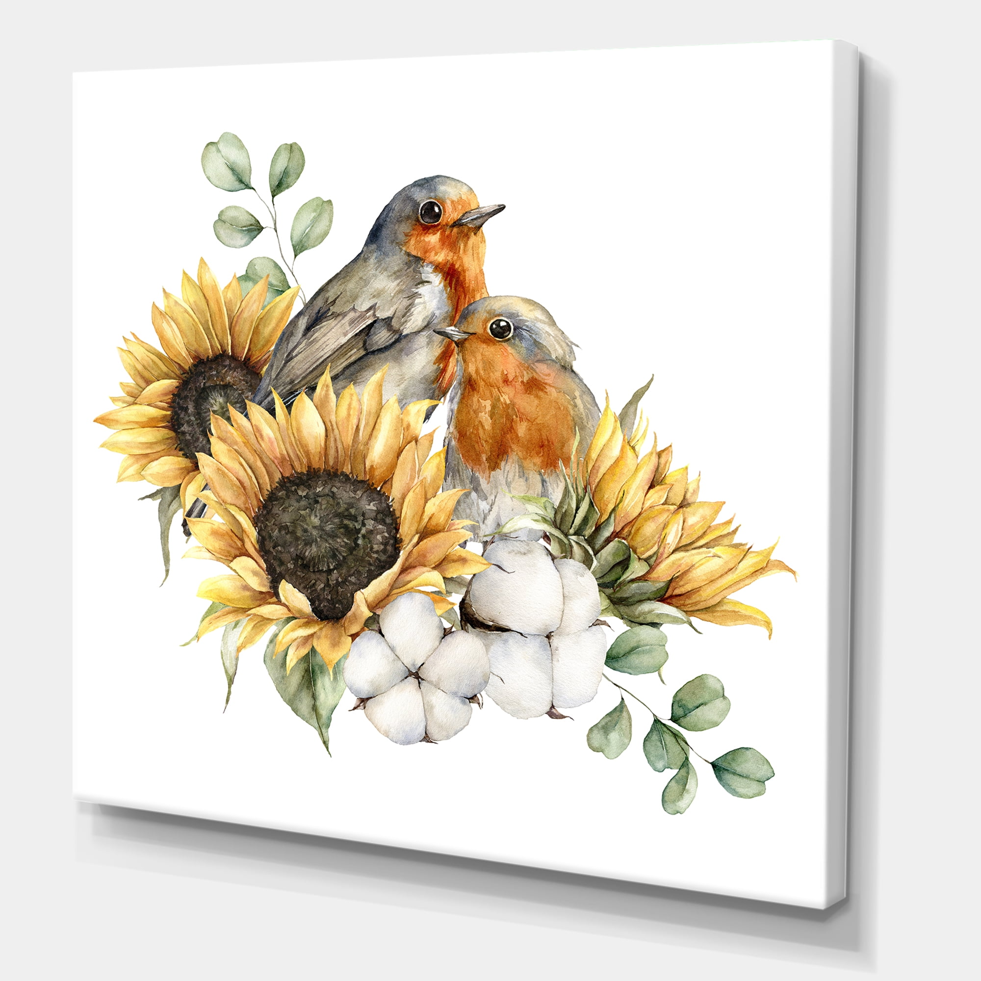 Designart ' Autumn Bouquet With Robin Redbreasts Sunflowers Cotton ' Traditional Canvas Wall Art Print