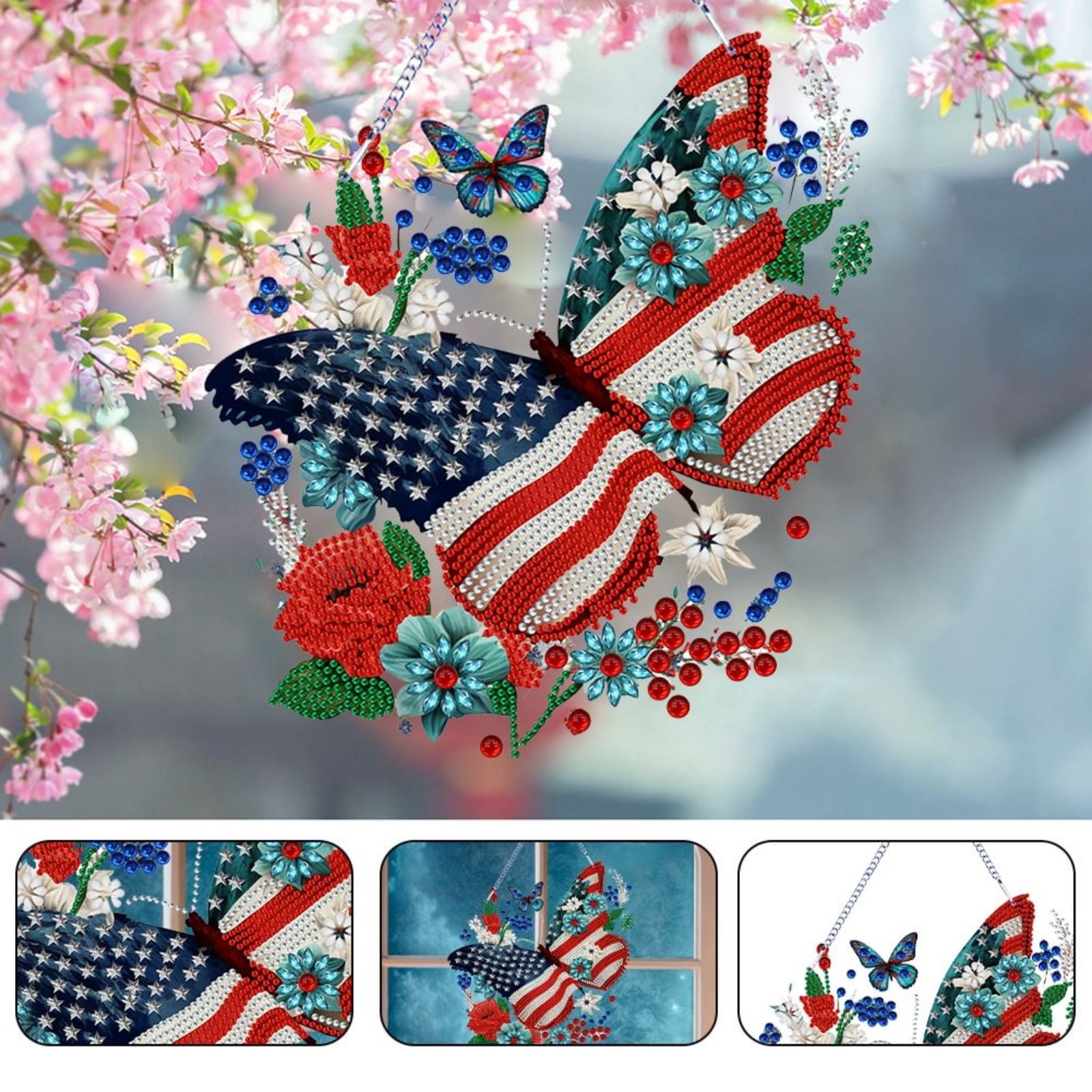 FLOPESN DIY Diamond Pendant Diamond Art Painting Independence Day USA Butterfly Creative Design PVC Home Decoration Pendant (Single Side Diamond)