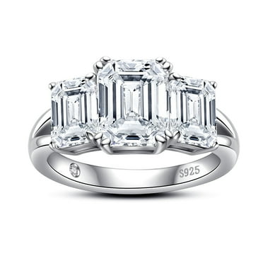 AnuClub 3 4 5ct Round Cut/Emerald cut Moissanite Engagement Rings 925 Silver Three-Stone Promise Ring for Women