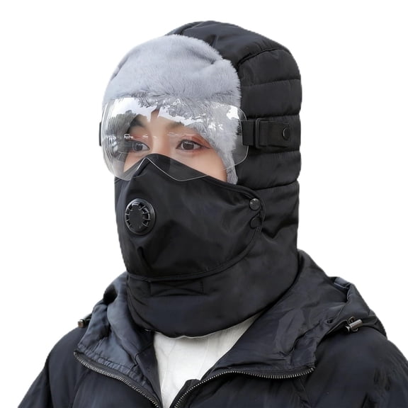 Thermal Hat with Detachable Breathing-Valve Mask with Goggles, 3 in 1 Waterproof Fleece-Lined Hood, Reflective Strips for Safe Nighttime Outings (1PC, Black)