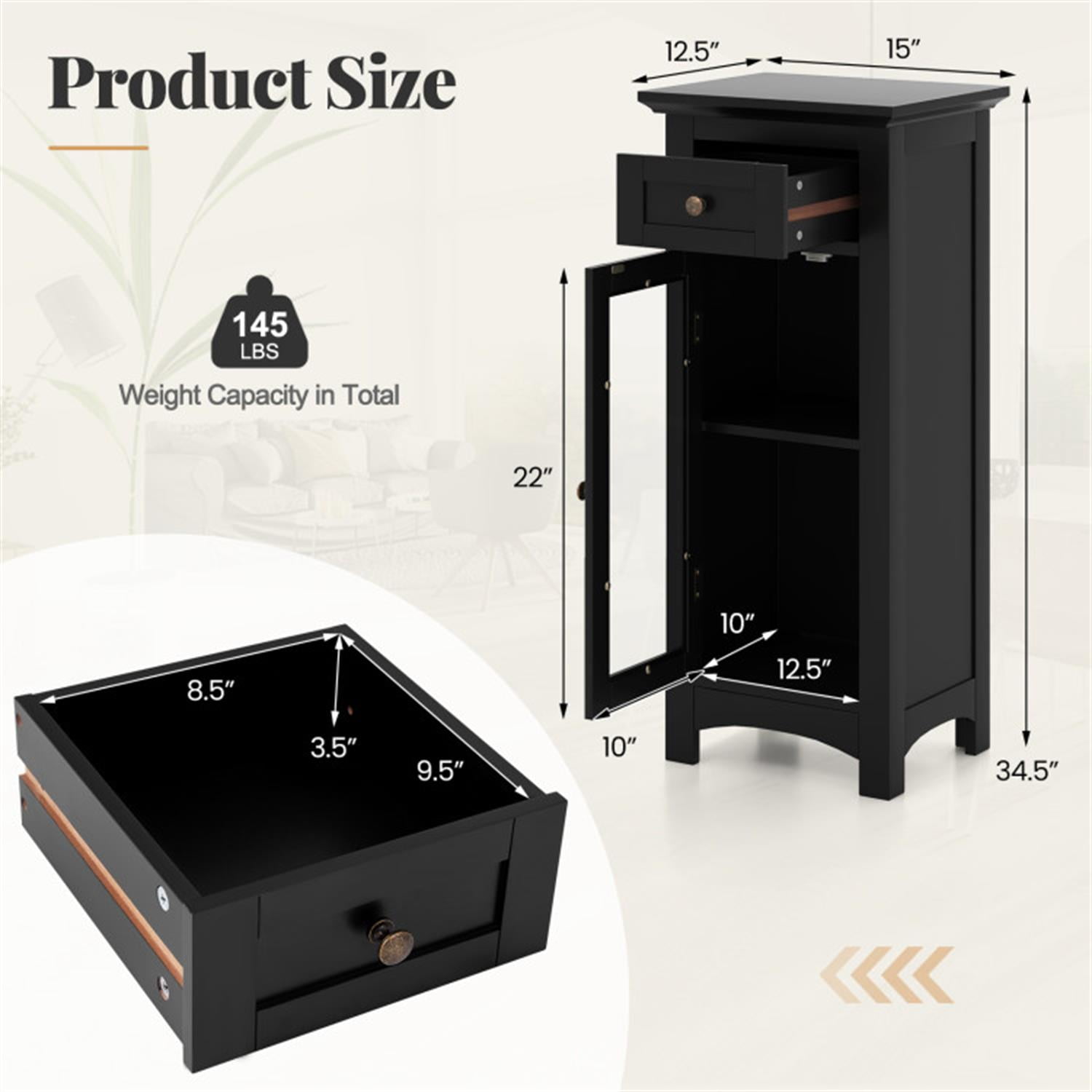 Demi Bonn Bathroom Floor Cabinet with Single Glass Door and Drawers, Bathroom Freestanding Storage Organizer Rack Stand, Multifunctional Corner Unit, Black