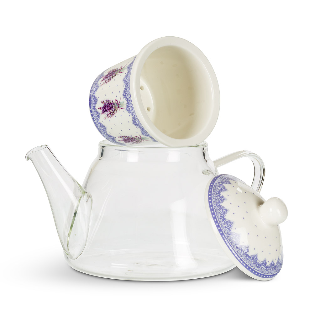 Lavender Print Strainer And Lid With Clear Glass Teapot With Infuser