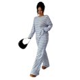 thumbnail image 5 of Domzest Womens 2 Piece Sets Crew Neck Long Sleeve Striped Blouse Matching Elastic High WaistWide Leg Pants Casual Spring Fall Outfits Blue XL, 5 of 6