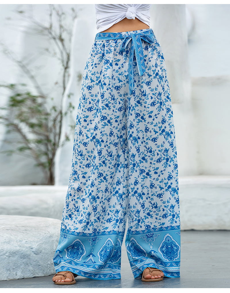 New Fashion Women's Casual Floral Print Loose Wide Leg Pants Lace-up Belt  Trousers - Walmart.com