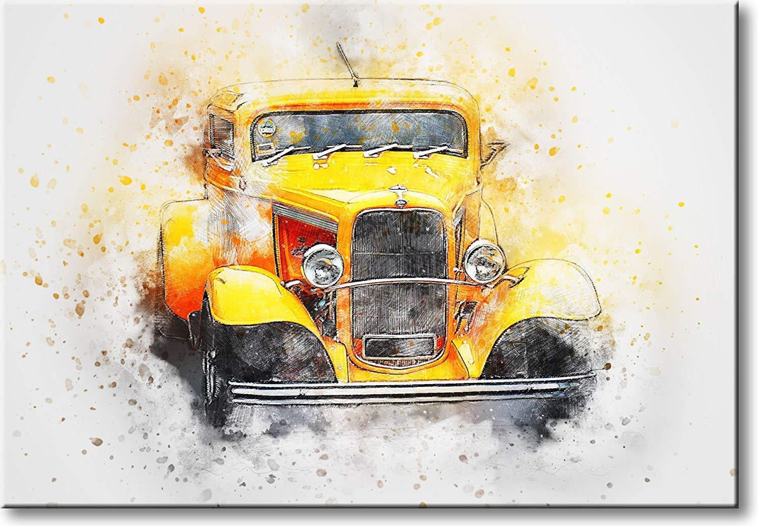 Vintage Yellow Classic Car Picture on Stretched Canvas, Wall Art D?cor